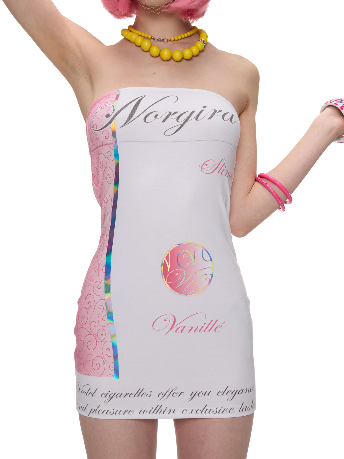 NORGIRA Vanille Cigarette Strapless Mini Dress - white strapless mini dress, front graphic print detail