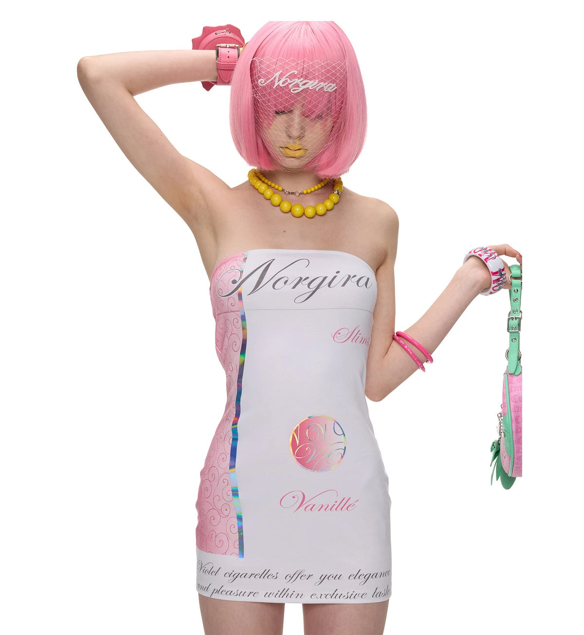 NORGIRA Vanille Cigarette Strapless Mini Dress - white printed mini dress, full length lookbook view