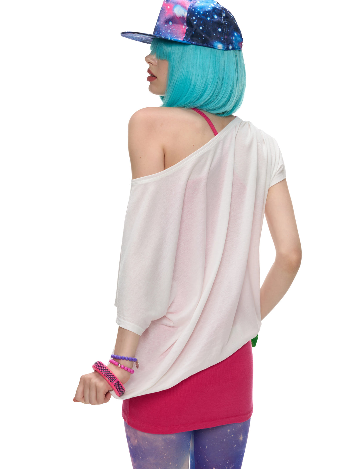 Galaxy Camera Graphic Off-Shoulder Tee - white oversized tee, back and shoulder view on model