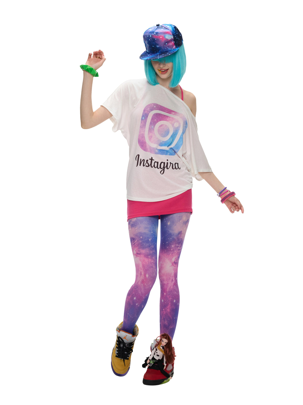 Galaxy Camera Graphic Off-Shoulder Tee - white galaxy graphic off-shoulder tee, full model front view