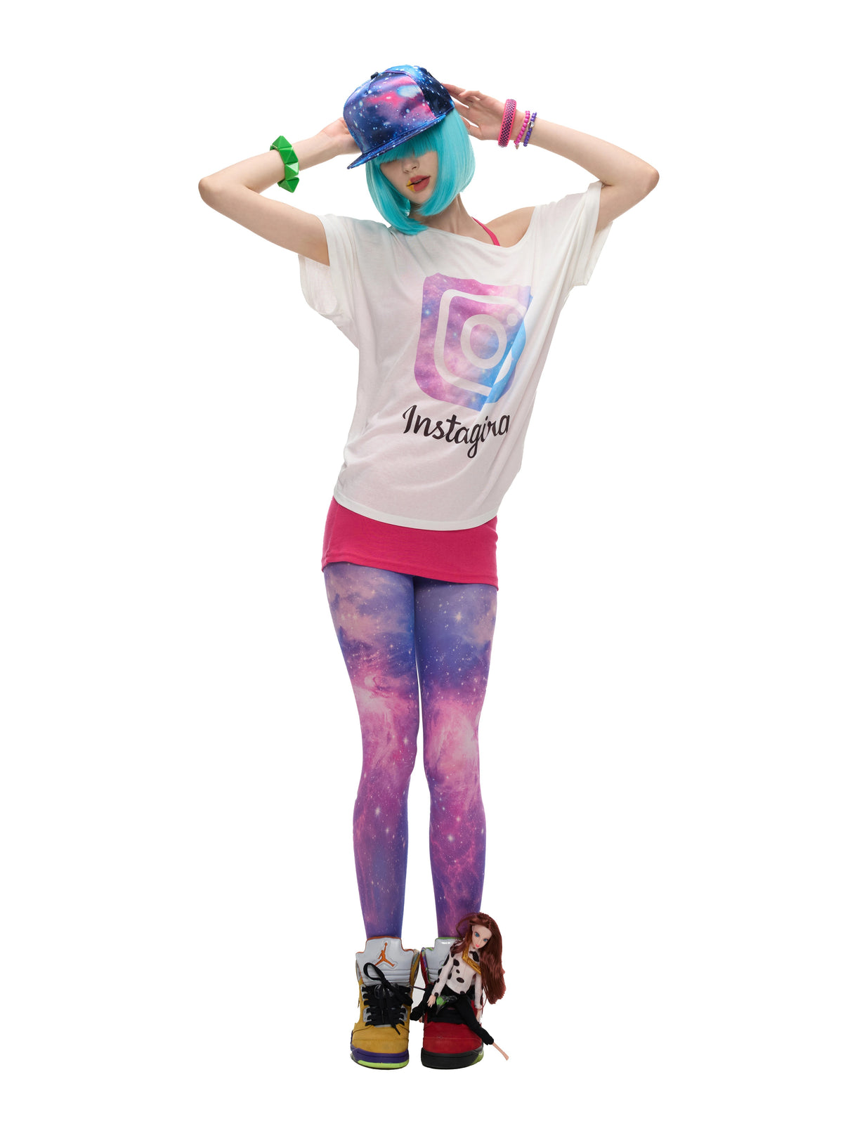 Galaxy Camera Graphic Off-Shoulder Tee - white galaxy graphic tee, alternate full model front view