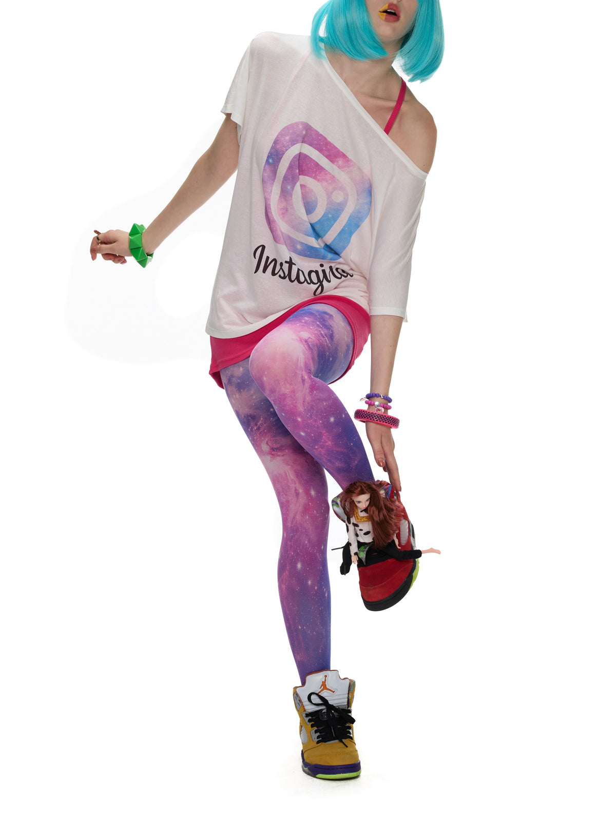 Galaxy Camera Graphic Off-Shoulder Tee - white loose tee, one-shoulder styling on model