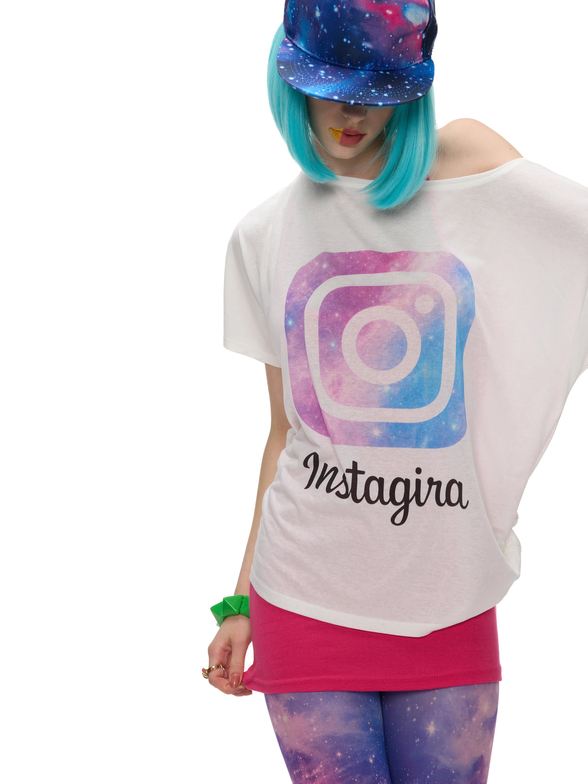 Galaxy Camera Graphic Off-Shoulder Tee - white off-shoulder tee, close front showing gradient camera-style icon and printed word