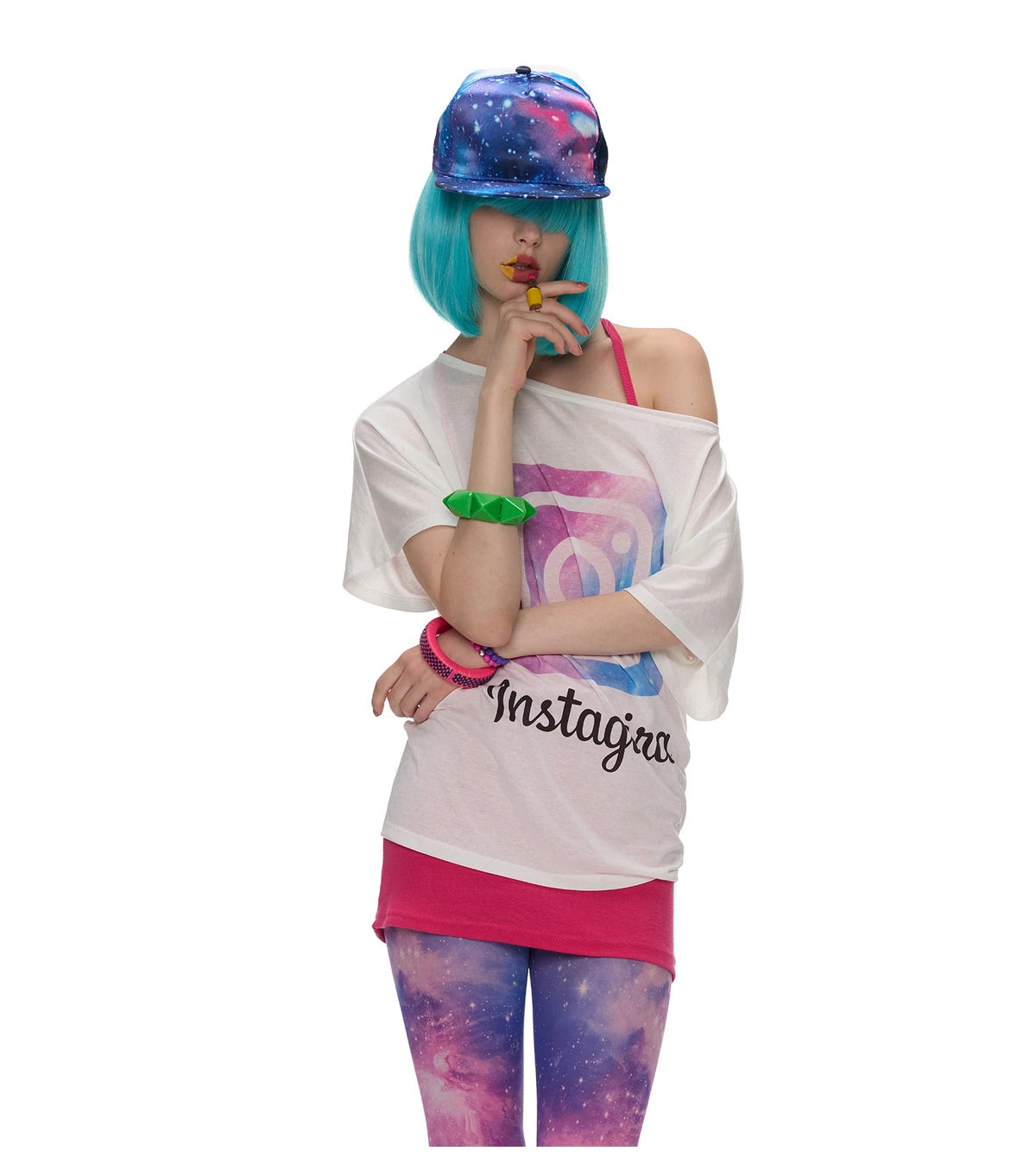 Galaxy Camera Graphic Off-Shoulder Tee - white galaxy graphic tee, alternate model front view