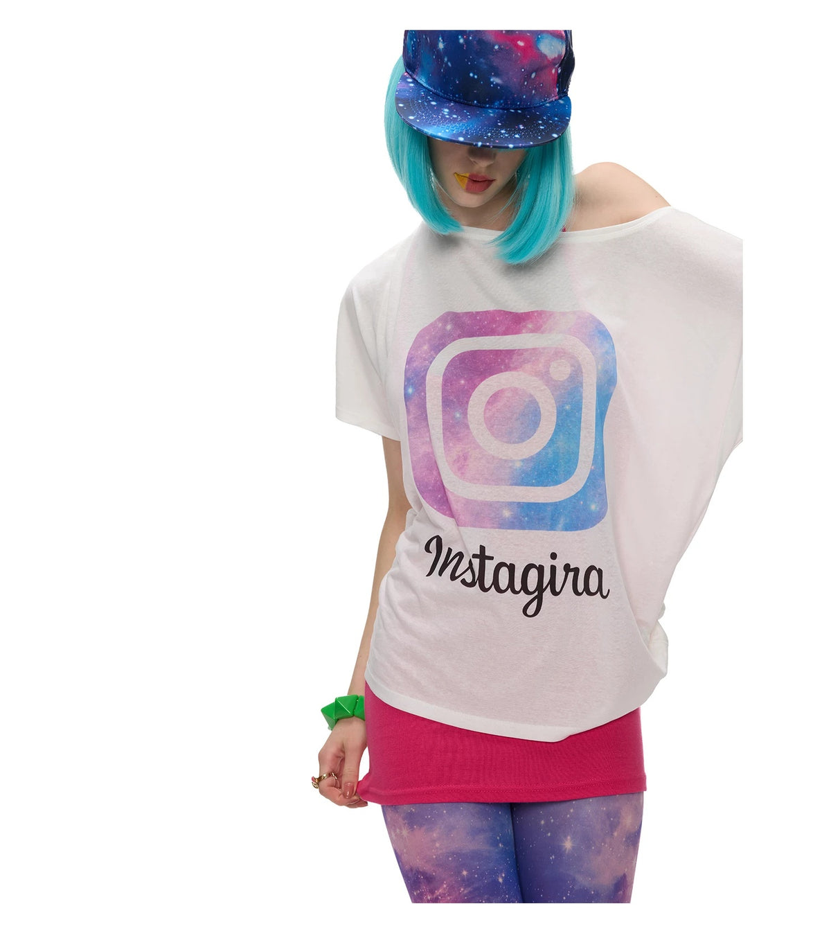 Galaxy Camera Graphic Off-Shoulder Tee - white off-shoulder tee, closer graphic print view