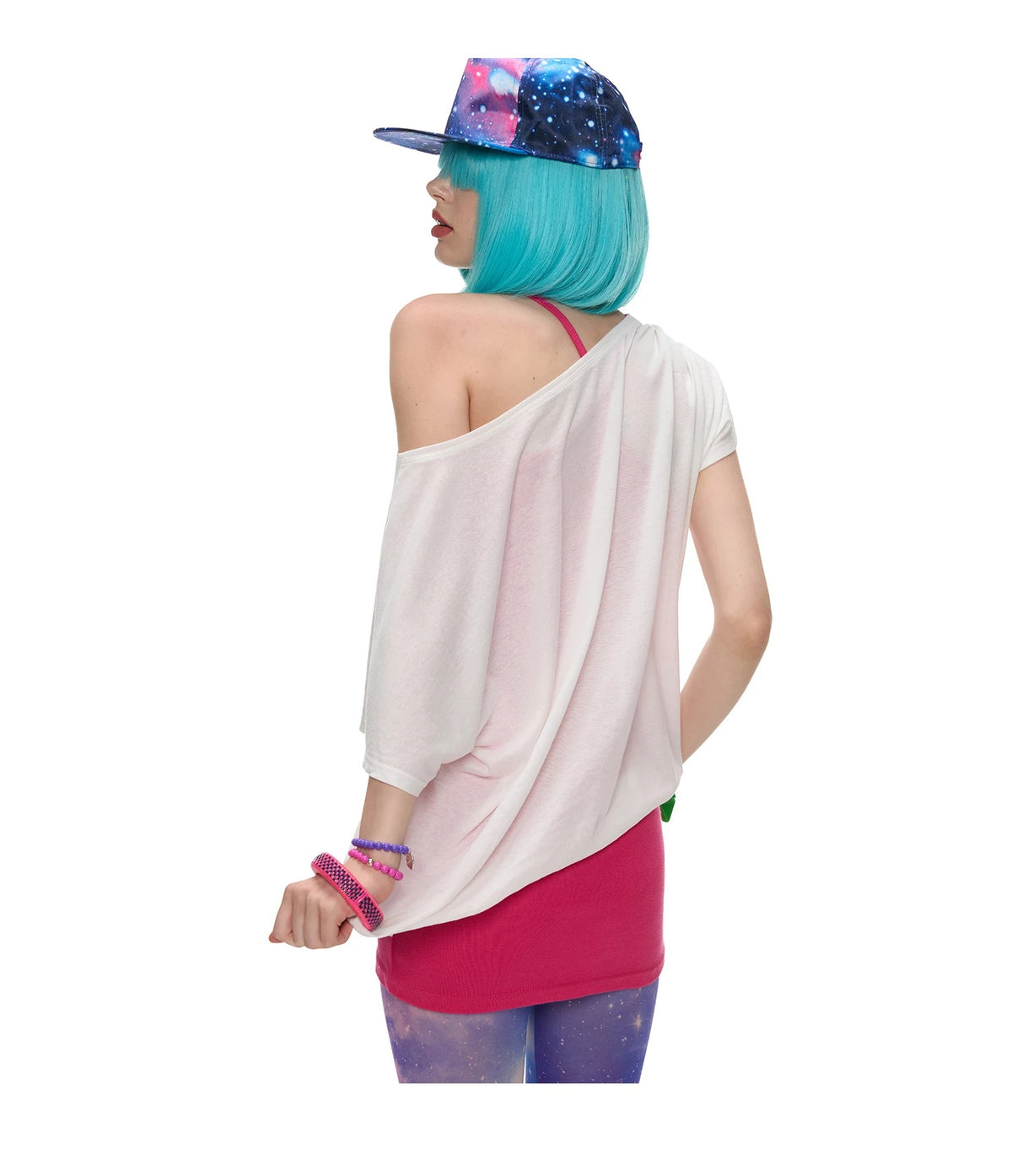 Galaxy Camera Graphic Off-Shoulder Tee - white loose tee, side and back styling view