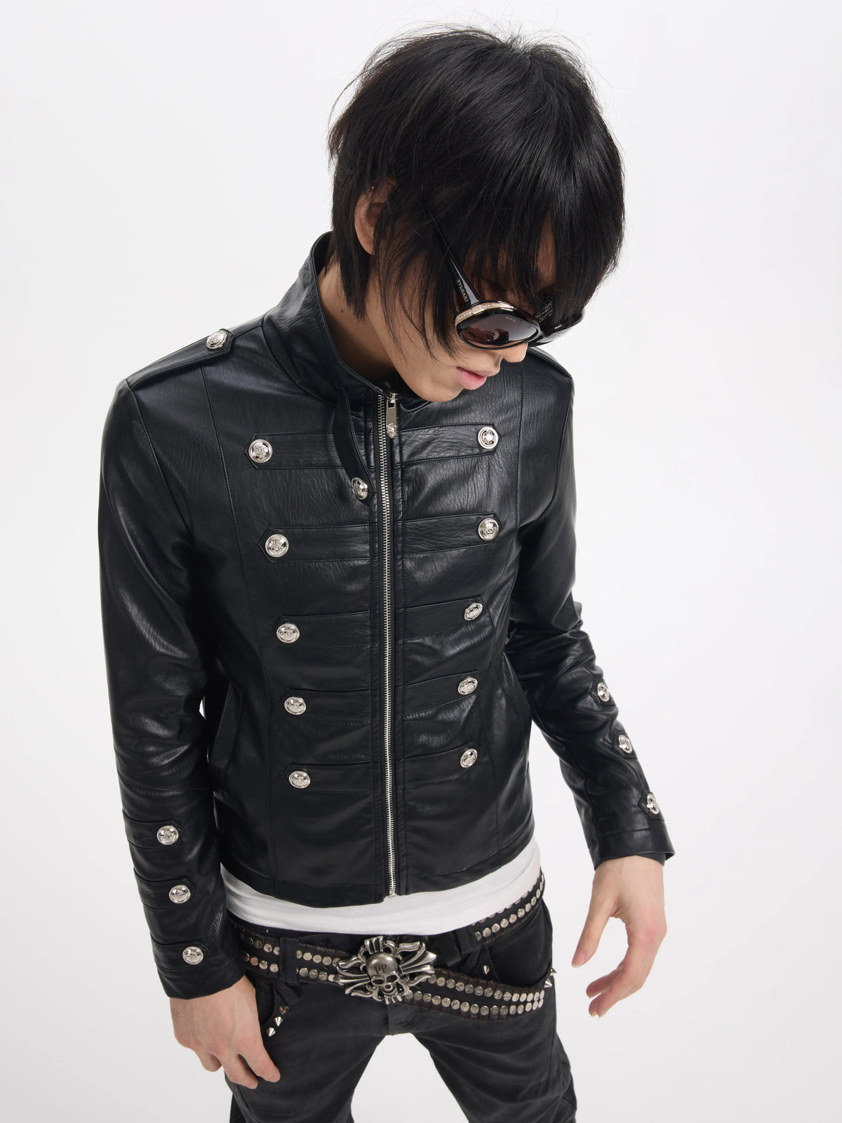 NumbAsia Military Button Epaulet Faux Leather Jacket - Black front close-up