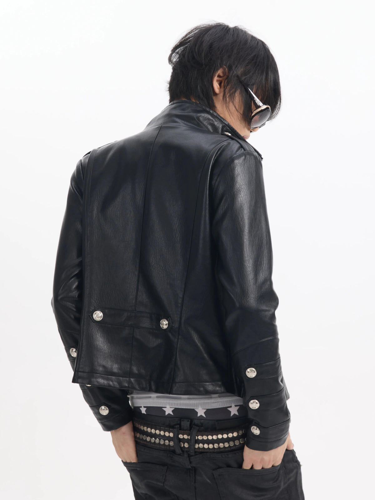NumbAsia Military Button Epaulet Faux Leather Jacket - Black back view