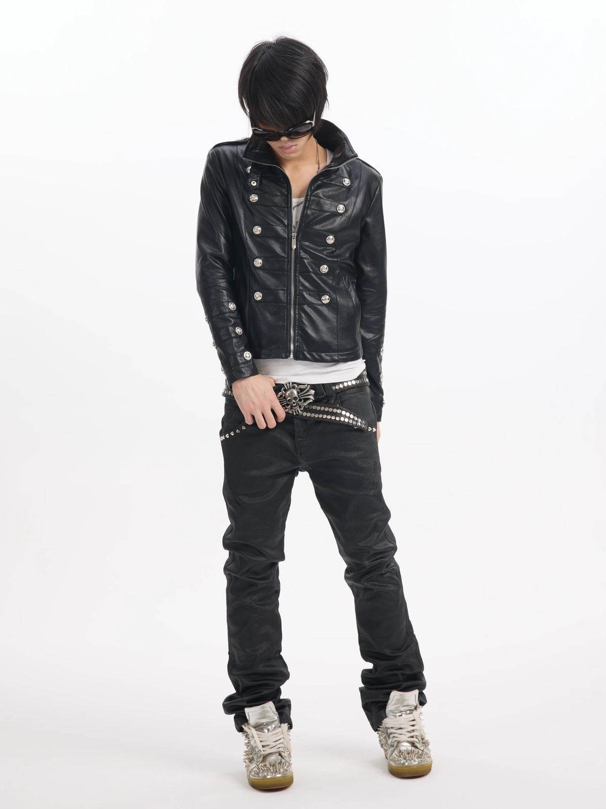 NumbAsia Military Button Epaulet Faux Leather Jacket - Black full-length open front