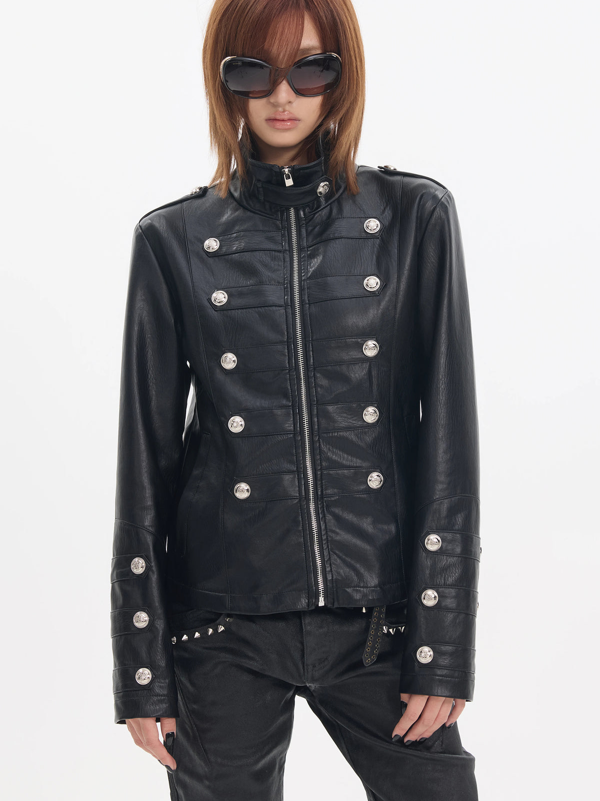 NumbAsia Military Button Epaulet Faux Leather Jacket - Black front on model