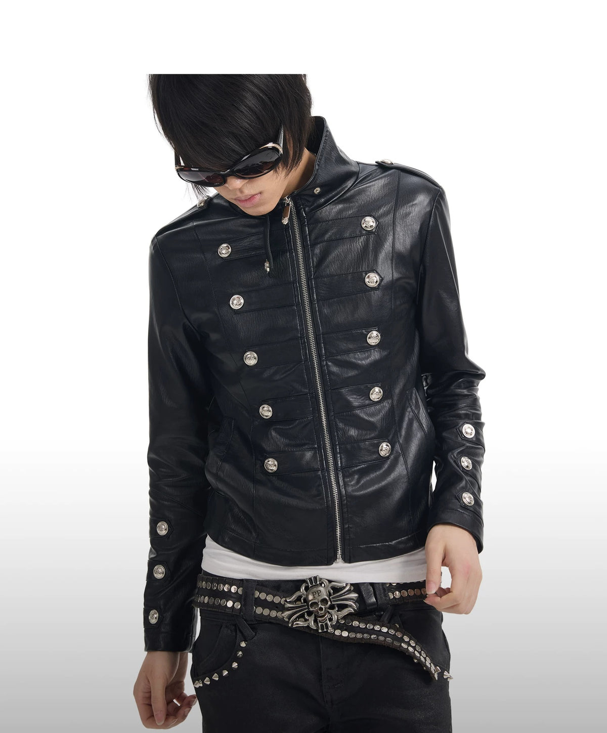 NumbAsia Military Button Epaulet Faux Leather Jacket - Black front detail