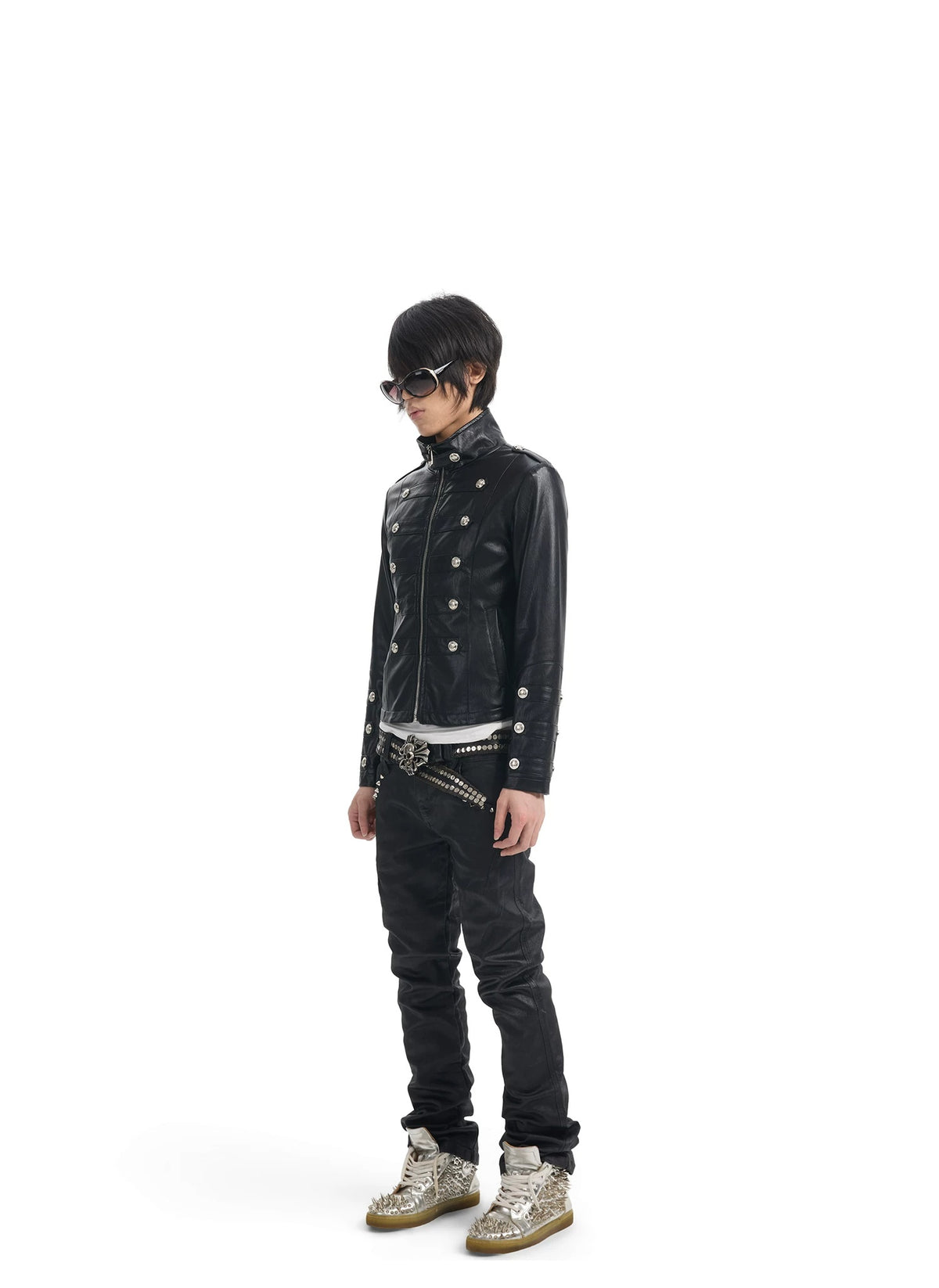 NumbAsia Military Button Epaulet Faux Leather Jacket - Black side view full-length