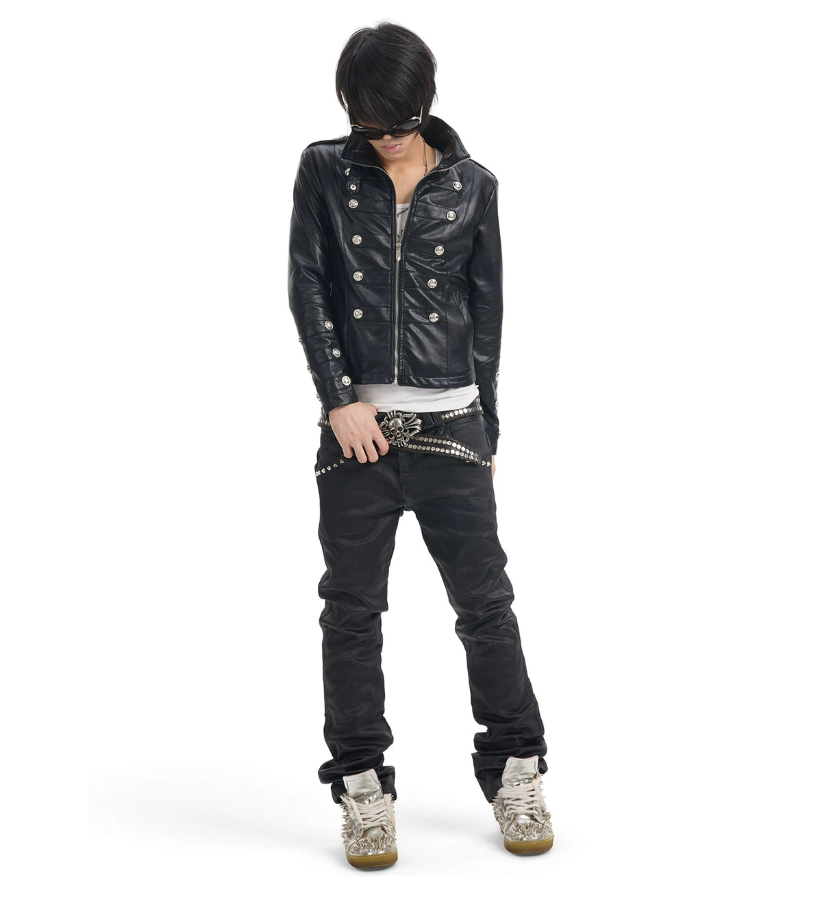 NumbAsia Military Button Epaulet Faux Leather Jacket - Black full-length styled