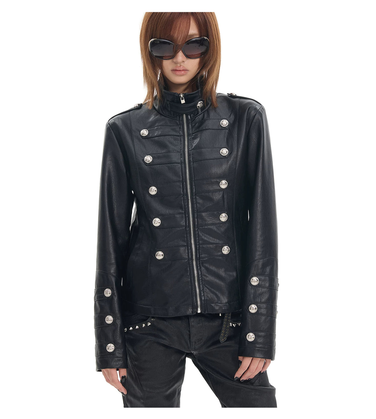 NumbAsia Military Button Epaulet Faux Leather Jacket - Black front fitted