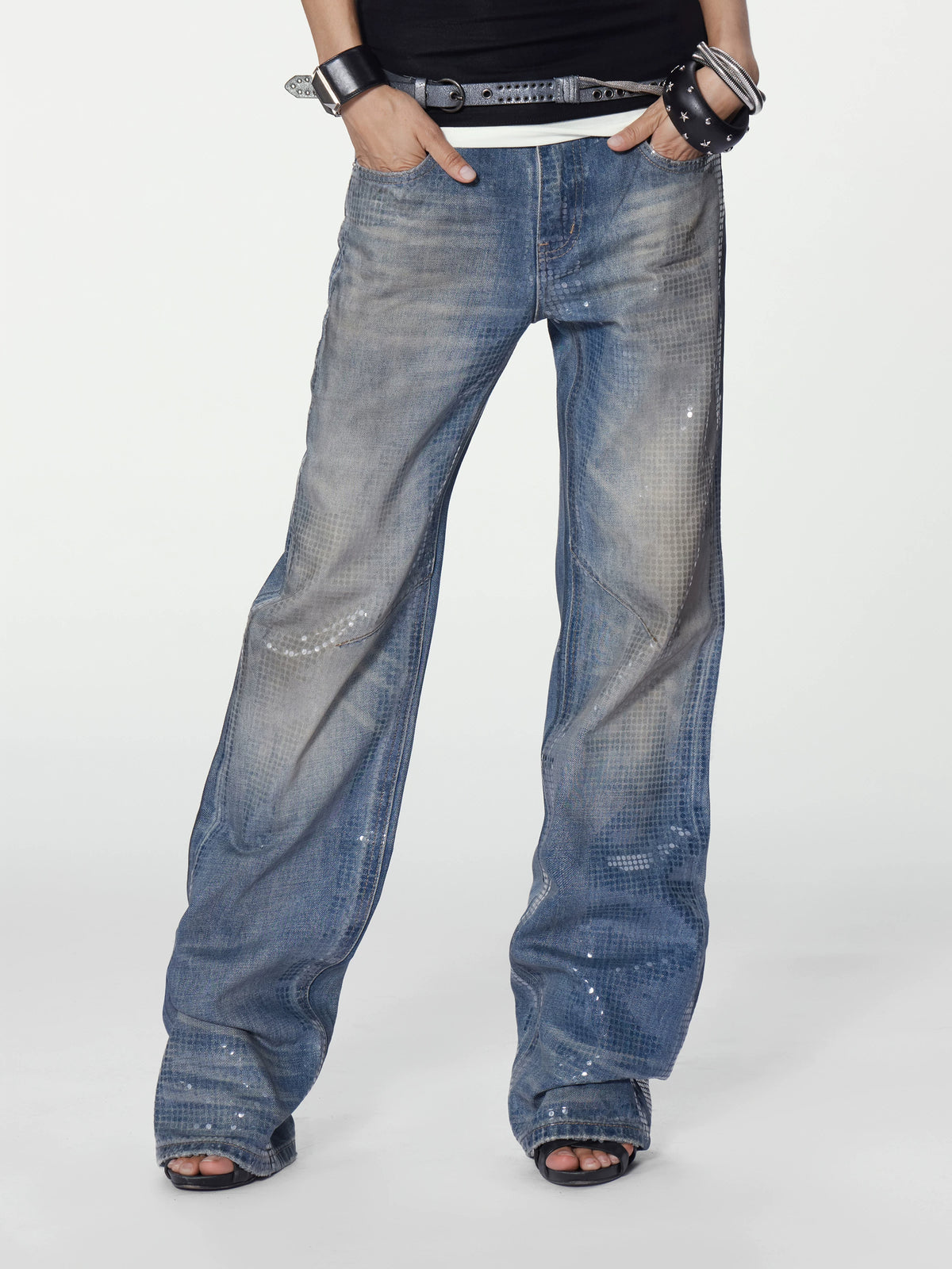 Sequin Dot Washed Straight Jeans - front view