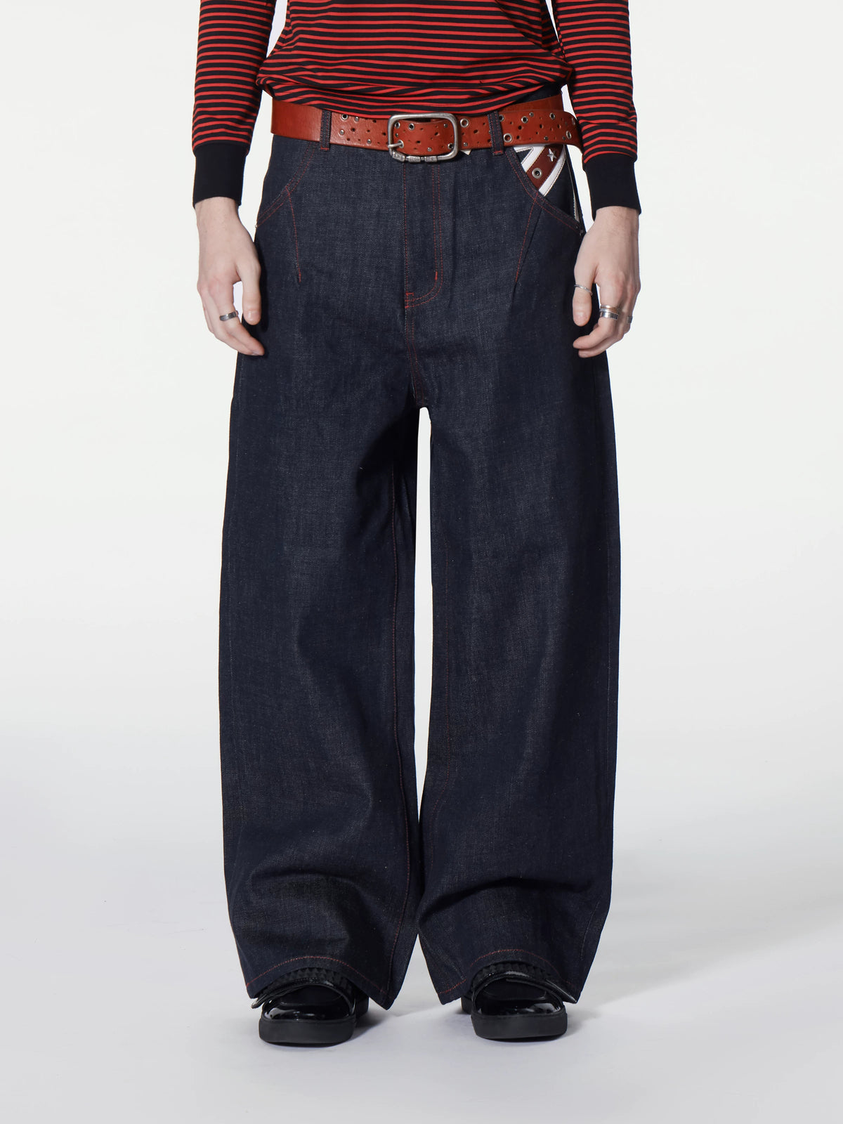 Union Jack Leather Patch Studded Baggy Raw Denim Jeans - front close-up