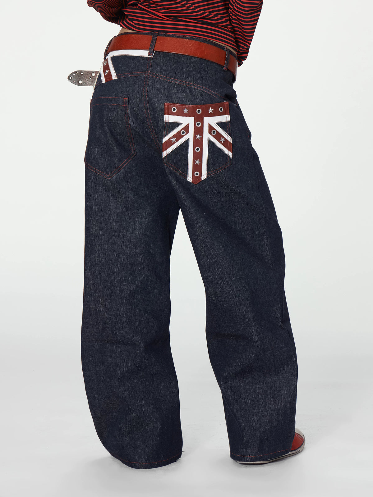 Union Jack Leather Patch Studded Baggy Raw Denim Jeans - back pocket Union Jack patch