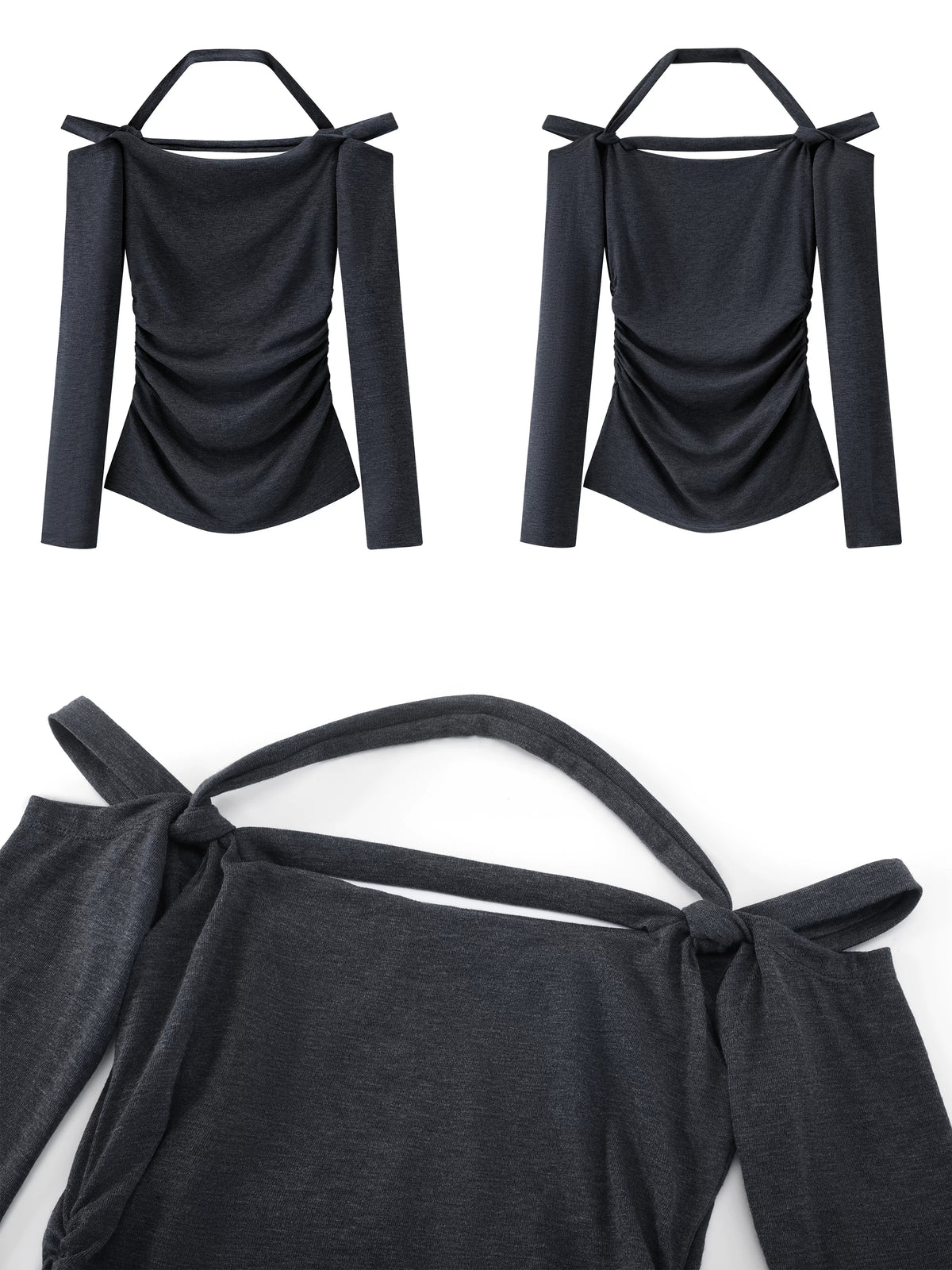 BeatleLady Knotted Halter Cutout Long Sleeve Top - Gray view 4