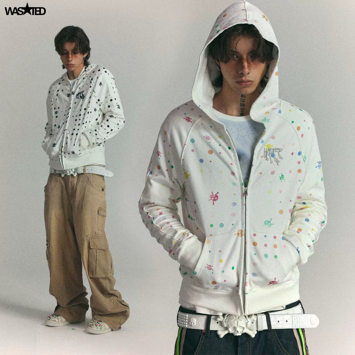 Wasted polka dot zip hoodie in colorful and black prints on models