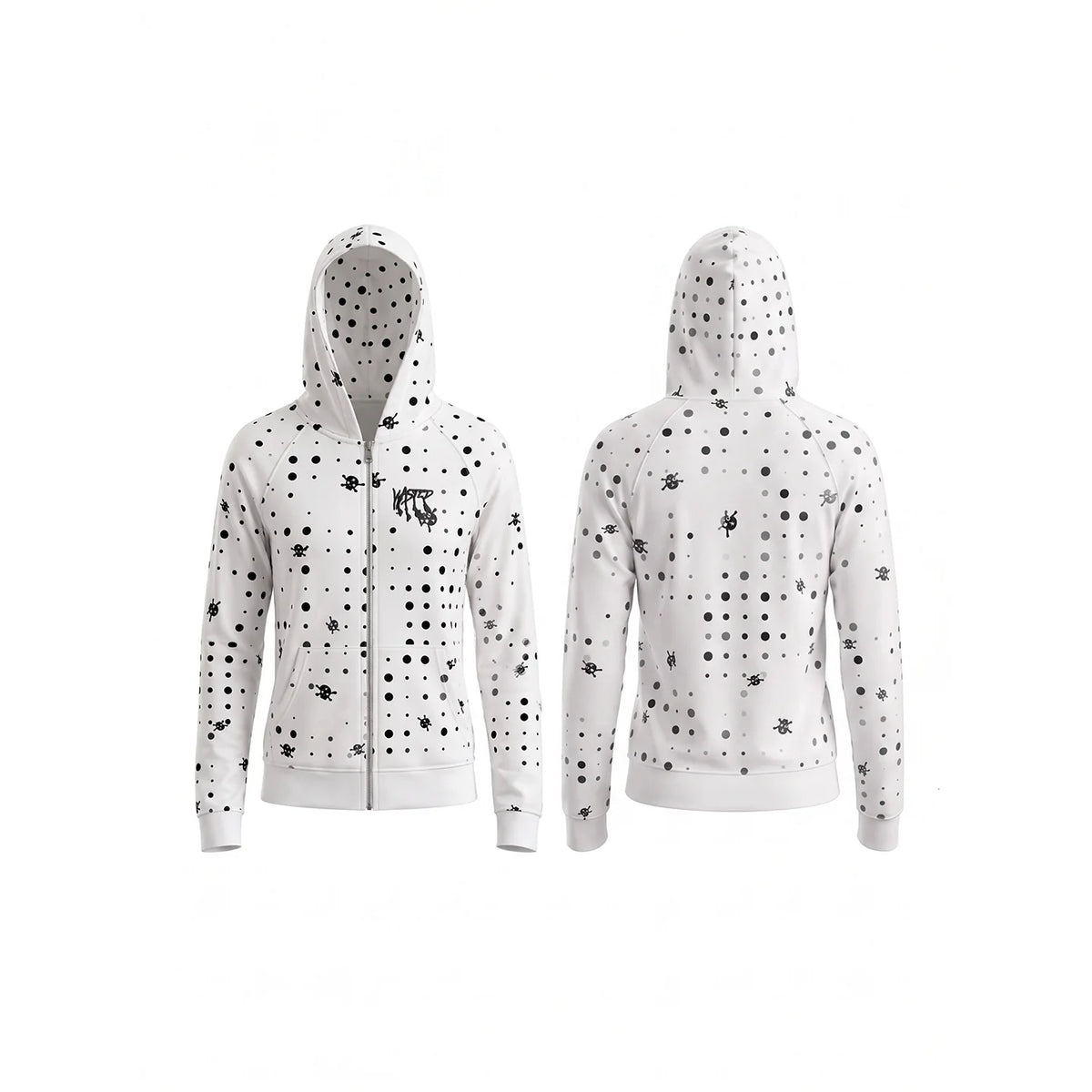 Wasted black polka dot hoodie front and back