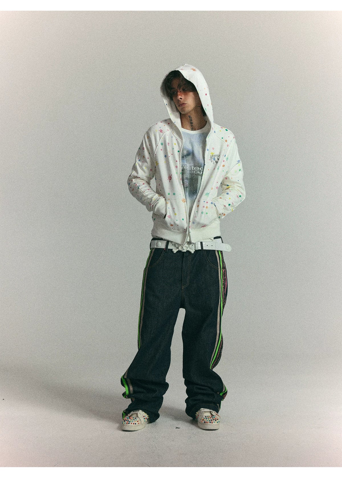 Colorful polka dot zip hoodie front on model