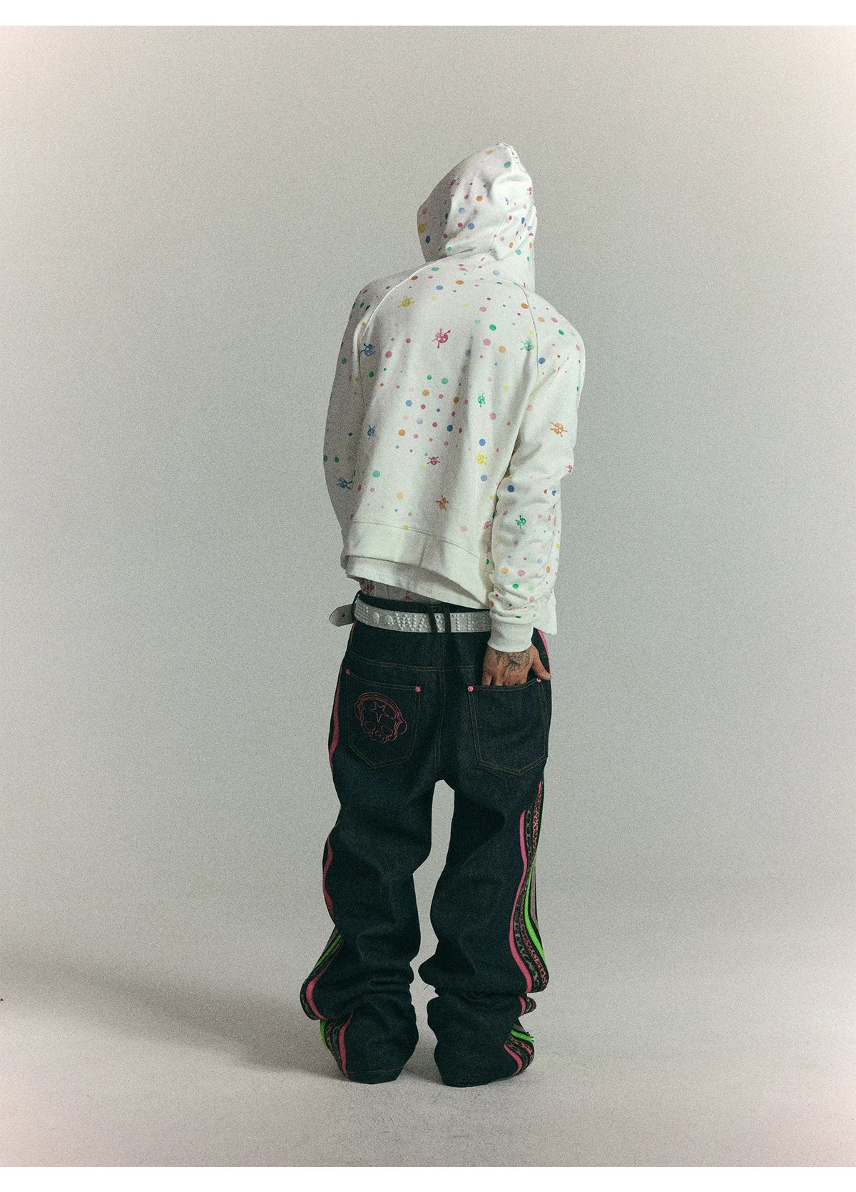Colorful polka dot zip hoodie back on model