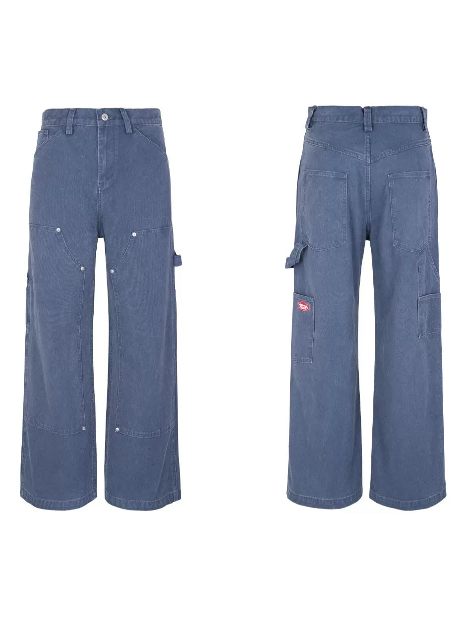 HermitCreate Washed Canvas Double Knee Carpenter Pants - Washed Blue flat lay front and back
