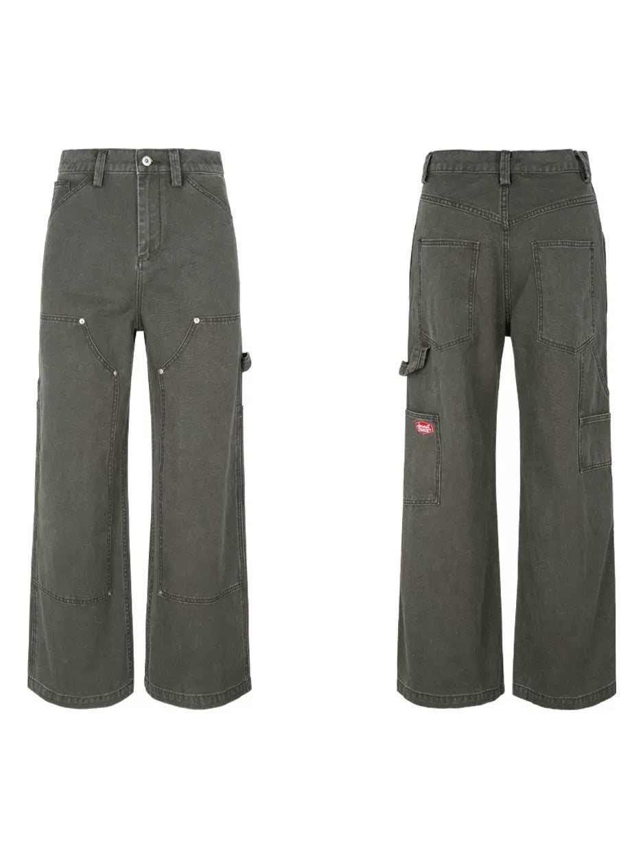 HermitCreate Washed Canvas Double Knee Carpenter Pants - Olive Green flat lay front and back