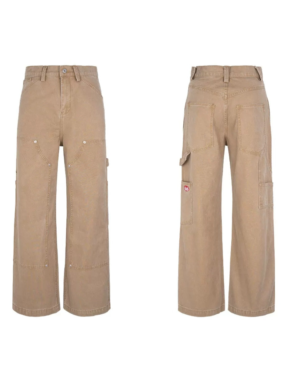 HermitCreate Washed Canvas Double Knee Carpenter Pants - Desert Sand flat lay front and back