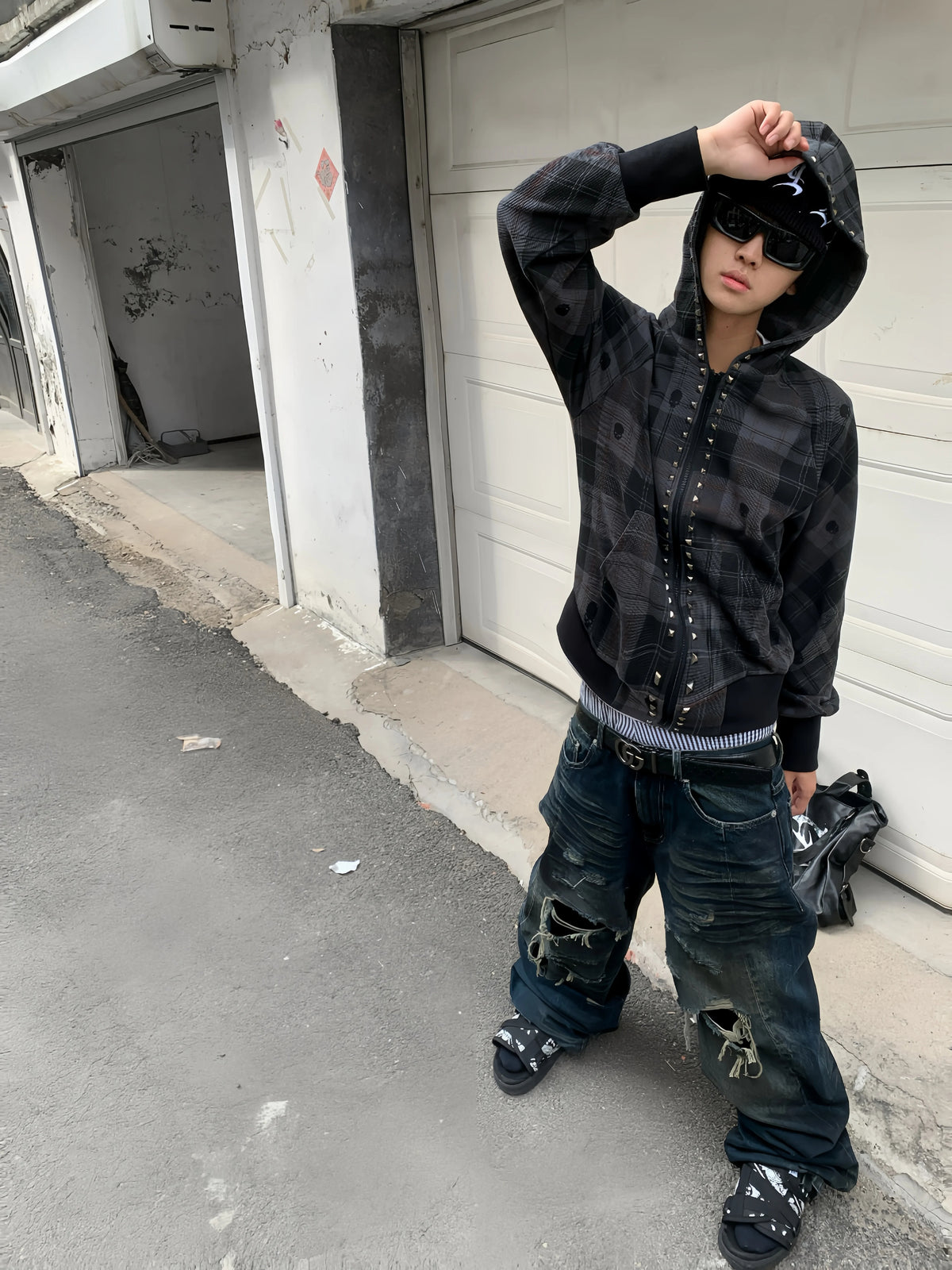 NumbAsia Studded Dark Plaid Zip Hoodie - model full look