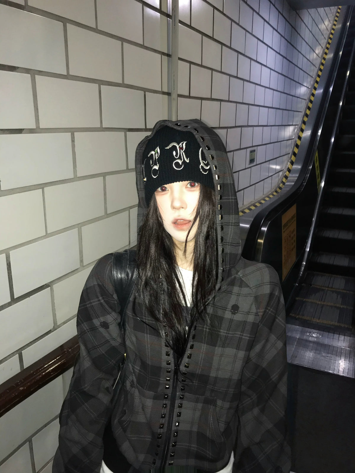 NumbAsia Studded Dark Plaid Zip Hoodie - model front detail