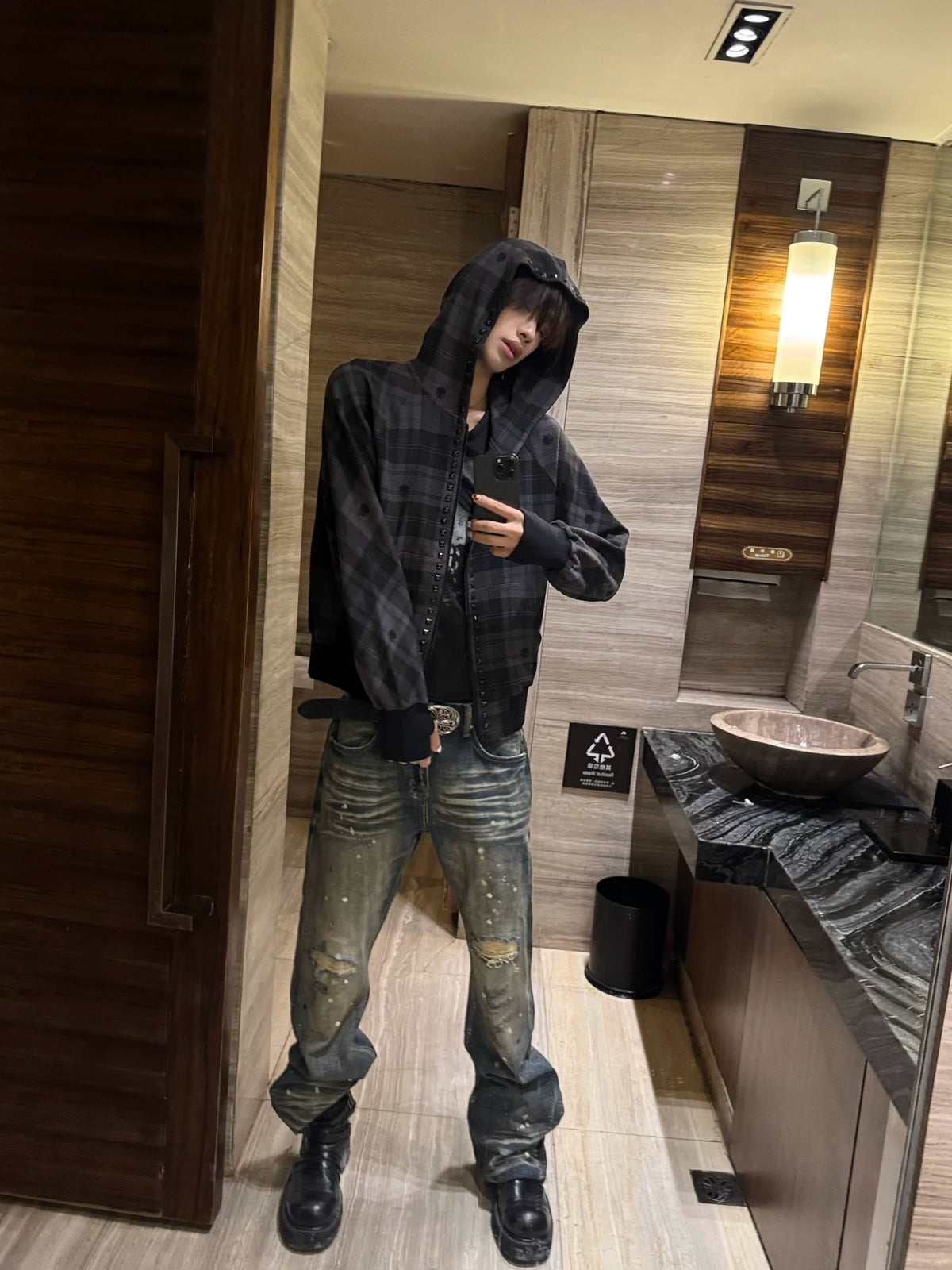 NumbAsia Studded Dark Plaid Zip Hoodie - model indoor look