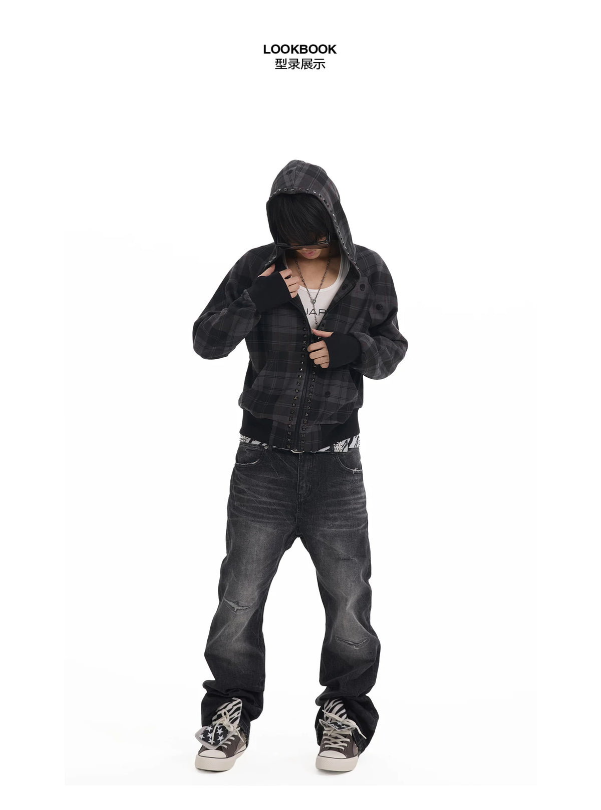 NumbAsia Studded Dark Plaid Zip Hoodie - front styling