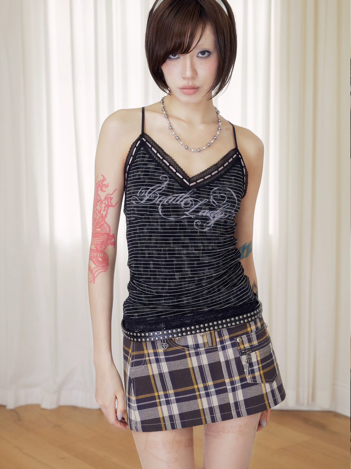BeatleLady Lace-Trim Striped Cross-Back Cami - Black - modeled striped cami