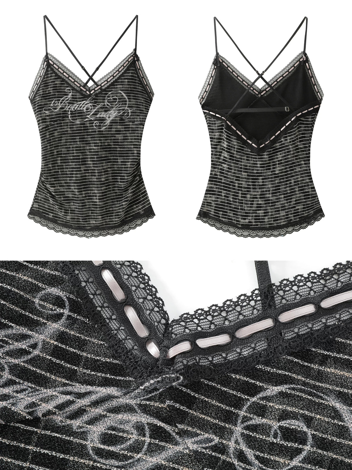 BeatleLady Lace-Trim Striped Cross-Back Cami - Black - front and back flat lay