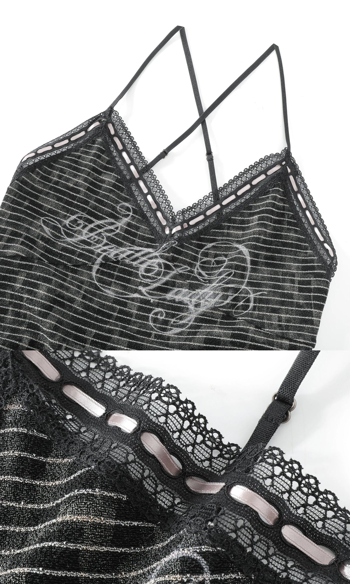 BeatleLady Lace-Trim Striped Cross-Back Cami - Black - lace, ribbon and strap detail