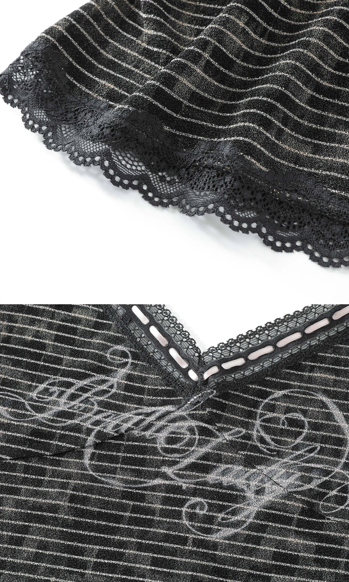 BeatleLady Lace-Trim Striped Cross-Back Cami - Black - lace, ribbon and strap detail