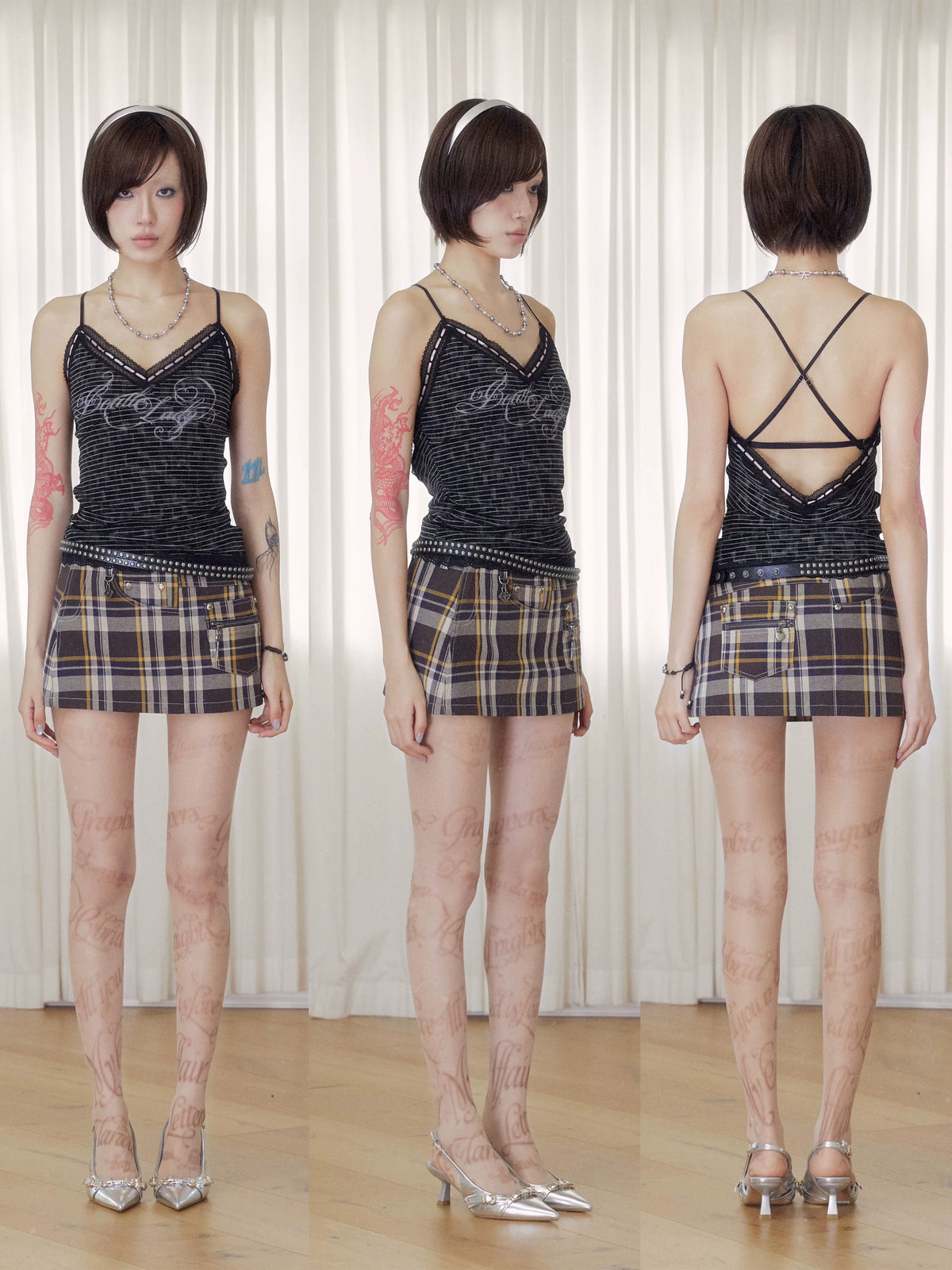 BeatleLady Lace-Trim Striped Cross-Back Cami - Black - modeled striped cami