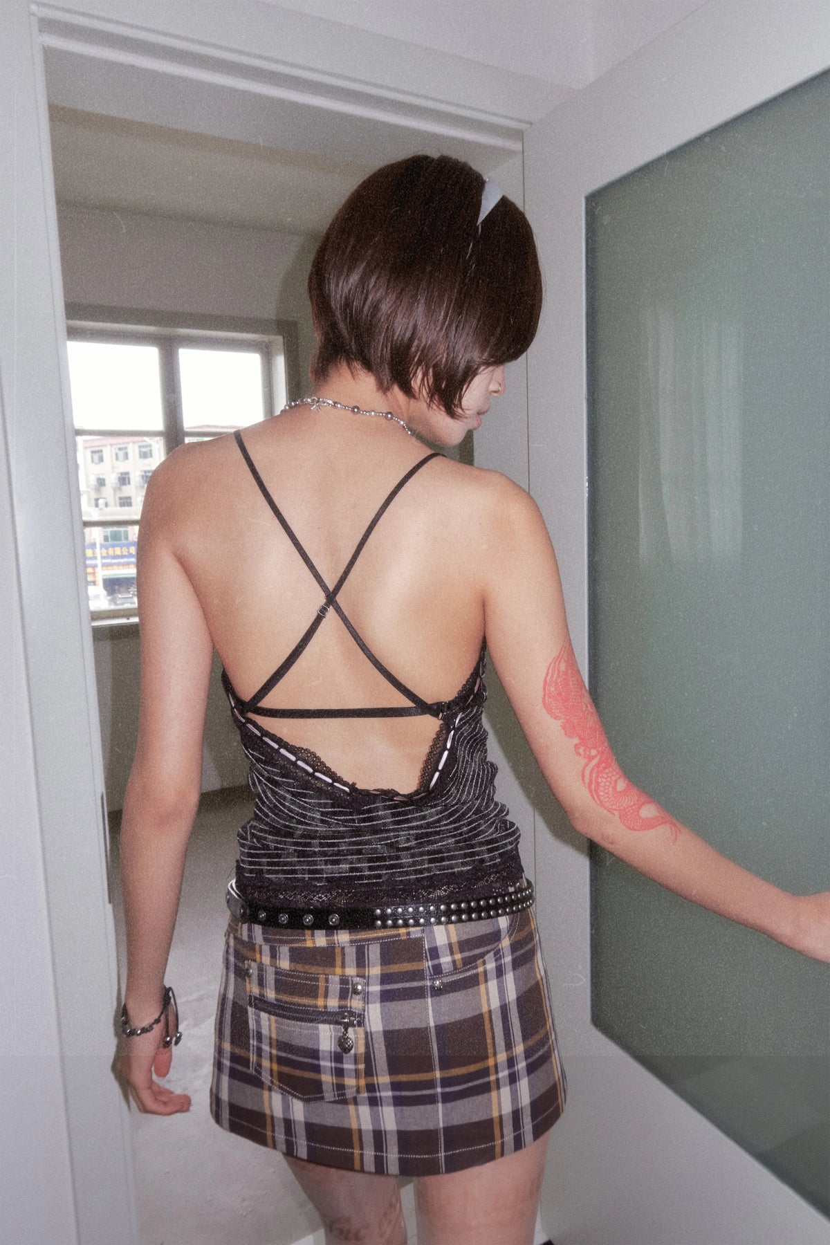 BeatleLady Lace-Trim Striped Cross-Back Cami - Black - open cross-back