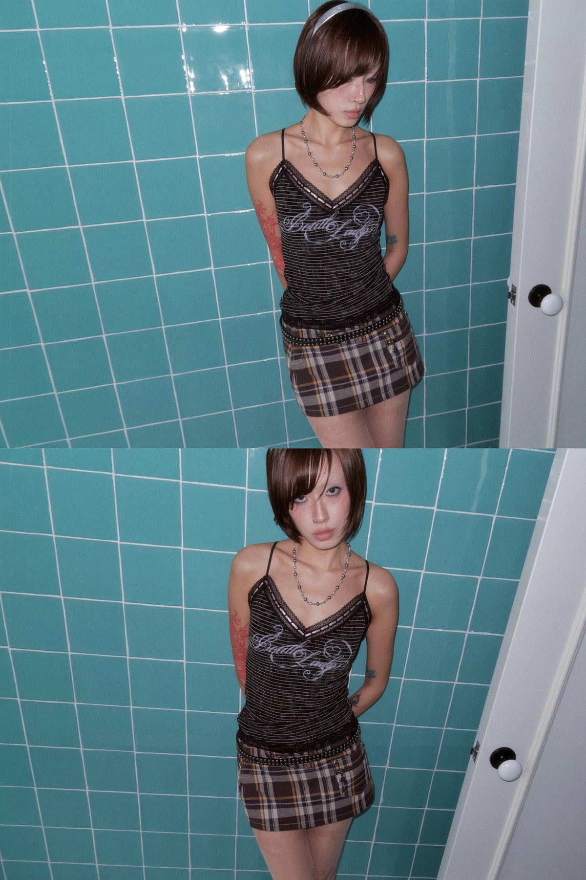 BeatleLady Lace-Trim Striped Cross-Back Cami - Black - modeled striped cami