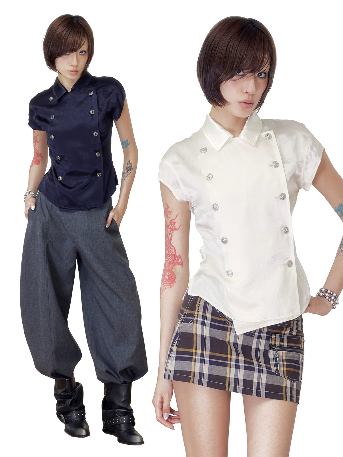 BeatleLady Double-Breasted Napoleon Blouse - Champagne and Navy view 1