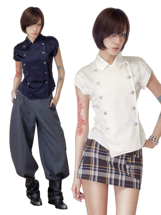 BeatleLady Double-Breasted Napoleon Blouse - Champagne and Navy view 1