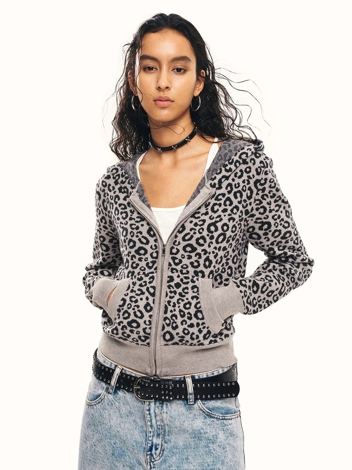 0123Start Leopard Knit Hooded Zip-Up Cardigan - Gray front