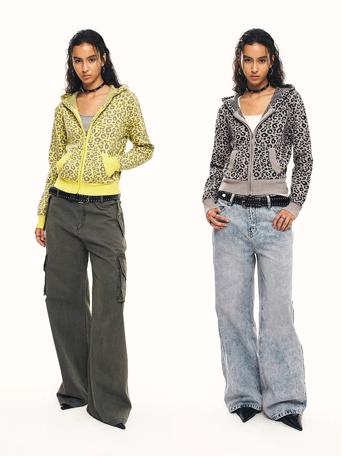 0123Start Leopard Knit Hooded Zip-Up Cardigan - Yellow and Gray full-length outfits