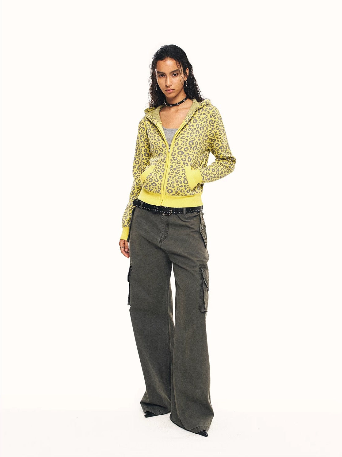 0123Start Leopard Knit Hooded Zip-Up Cardigan - Yellow full-length outfit