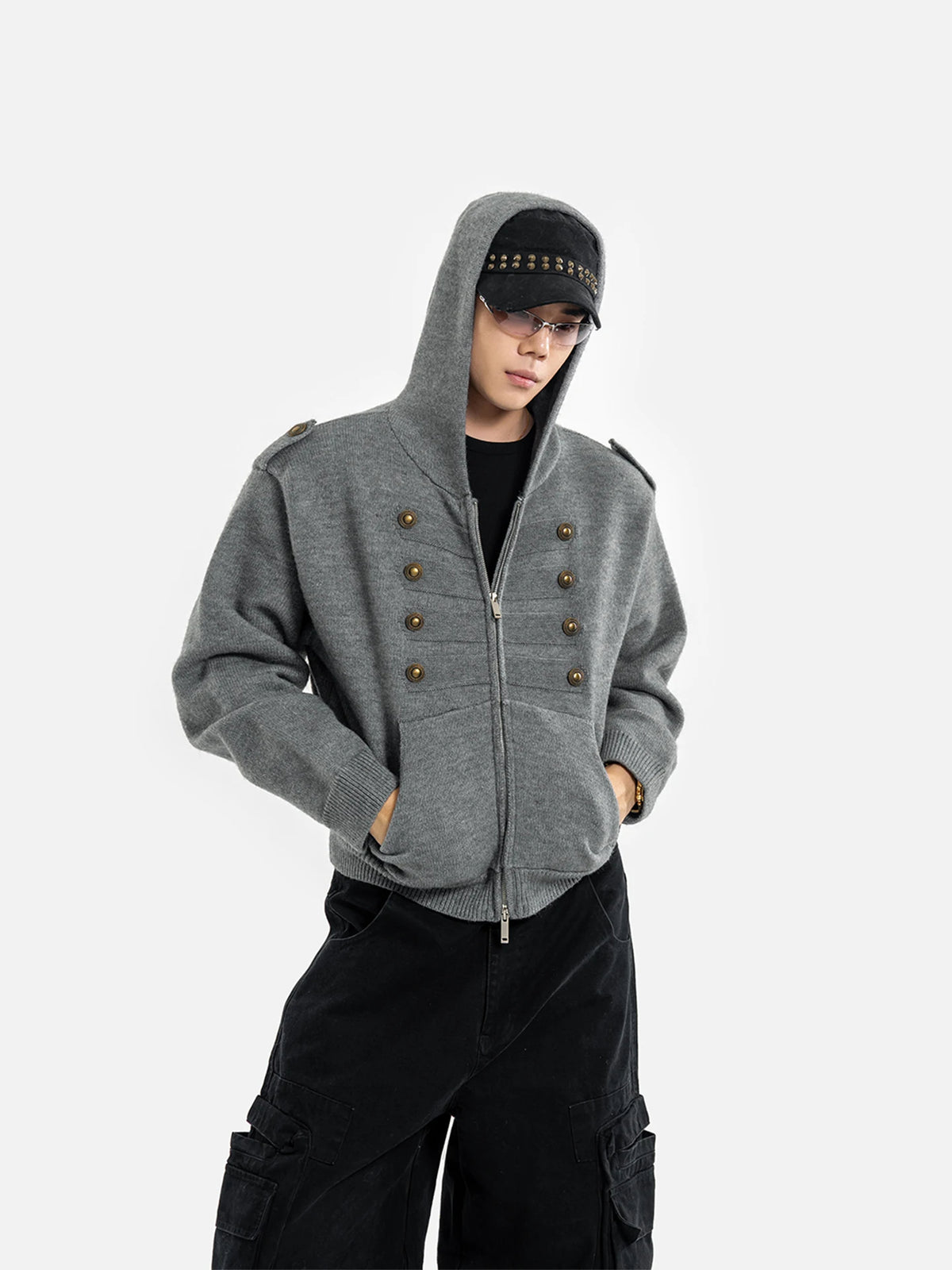 Vintage Double-Breasted Hooded Knit Cardigan