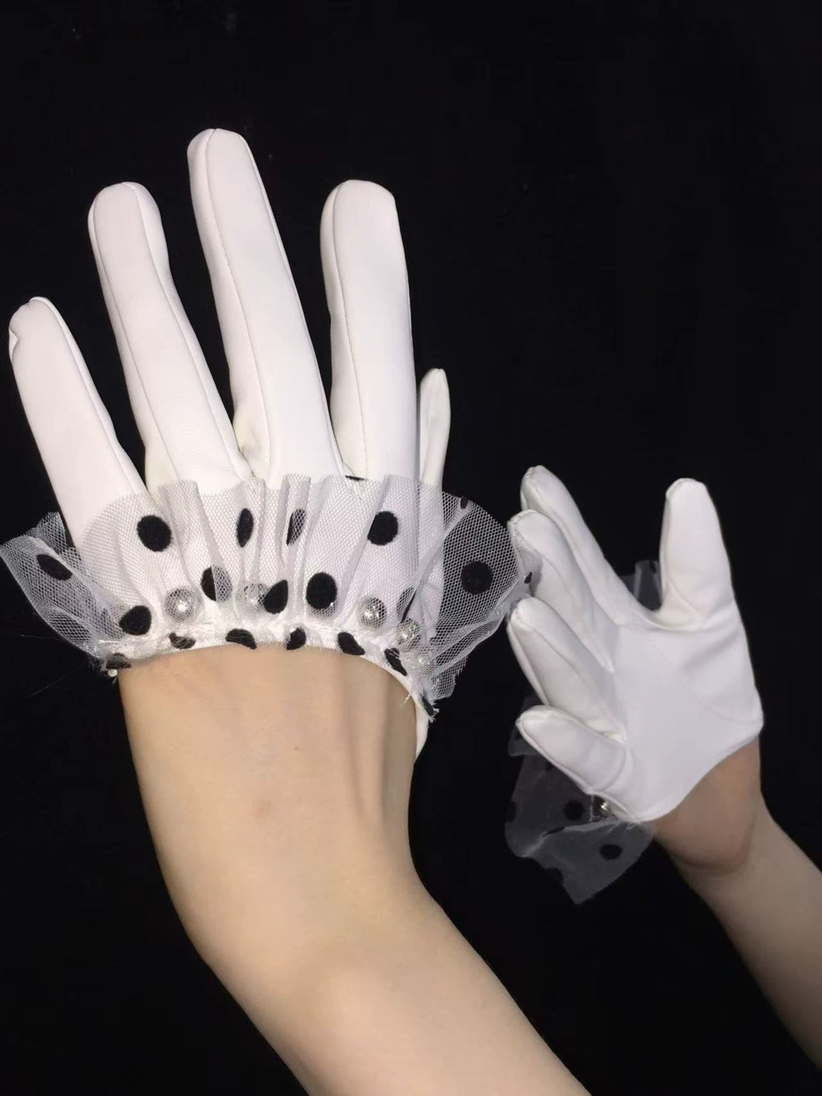 Polka Dot Mesh Ruffle Half-Hand Faux Leather Gloves