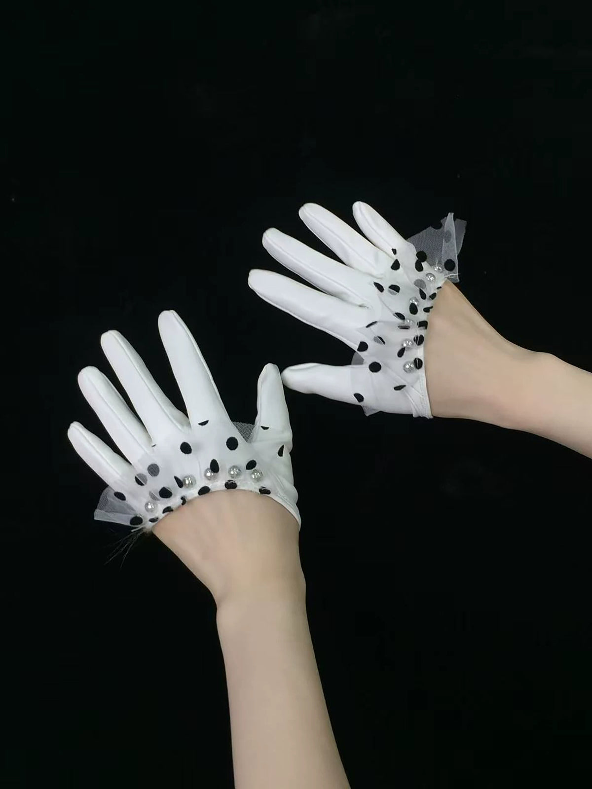 Polka Dot Mesh Ruffle Half-Hand Faux Leather Gloves - view 3