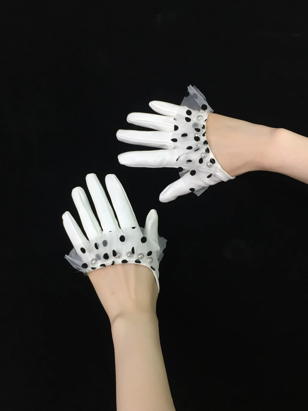 Polka Dot Mesh Ruffle Half-Hand Faux Leather Gloves - view 7