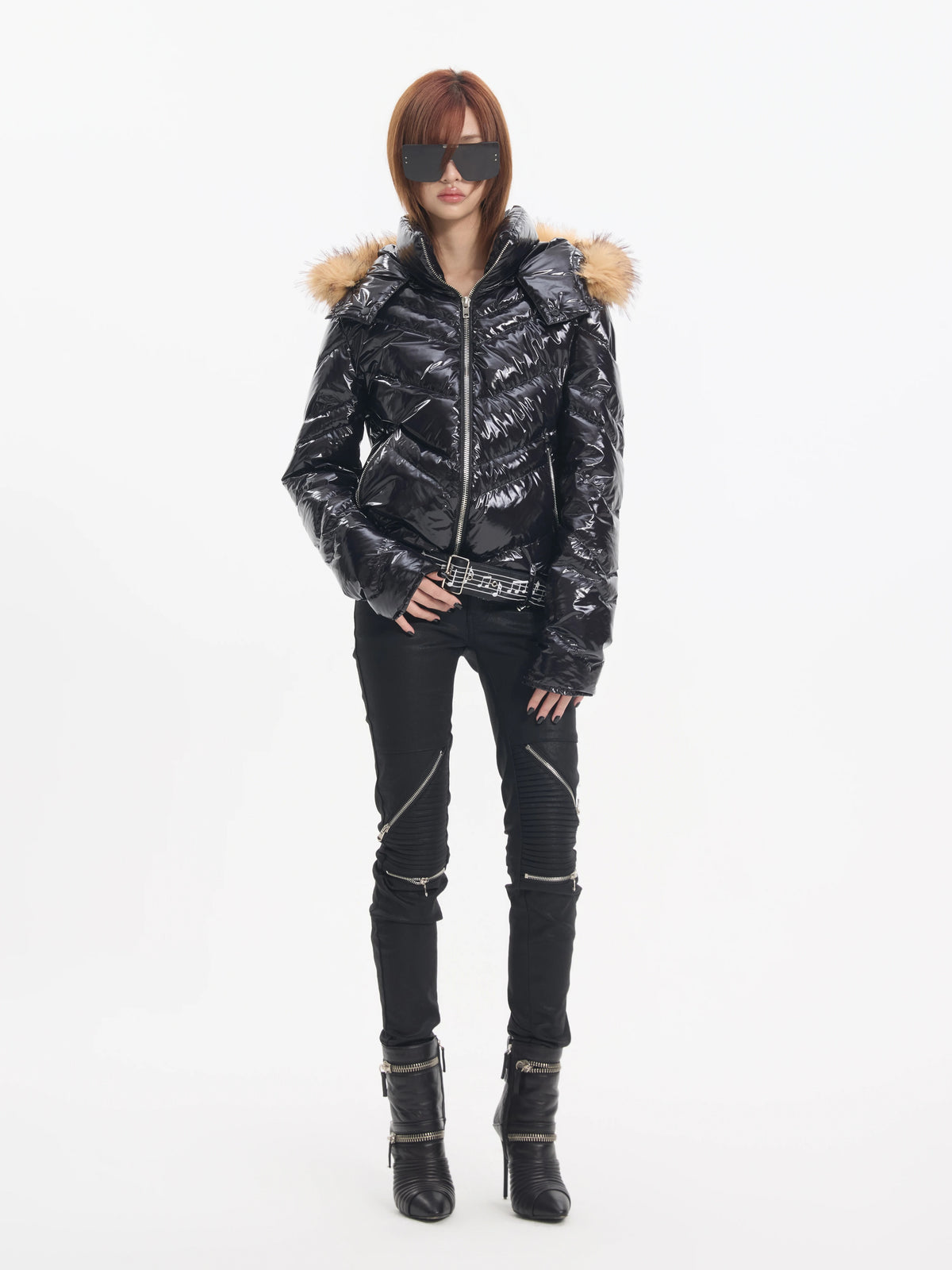 NumbAsia Glossy Fur-Trim Hooded Puffer Jacket - model full look